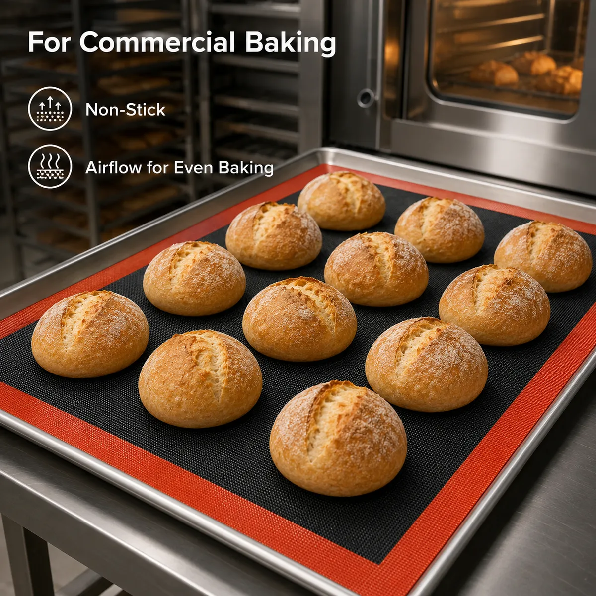 Commercial baking tray using breathable silicone coated fiberglass baking mat for bread baking