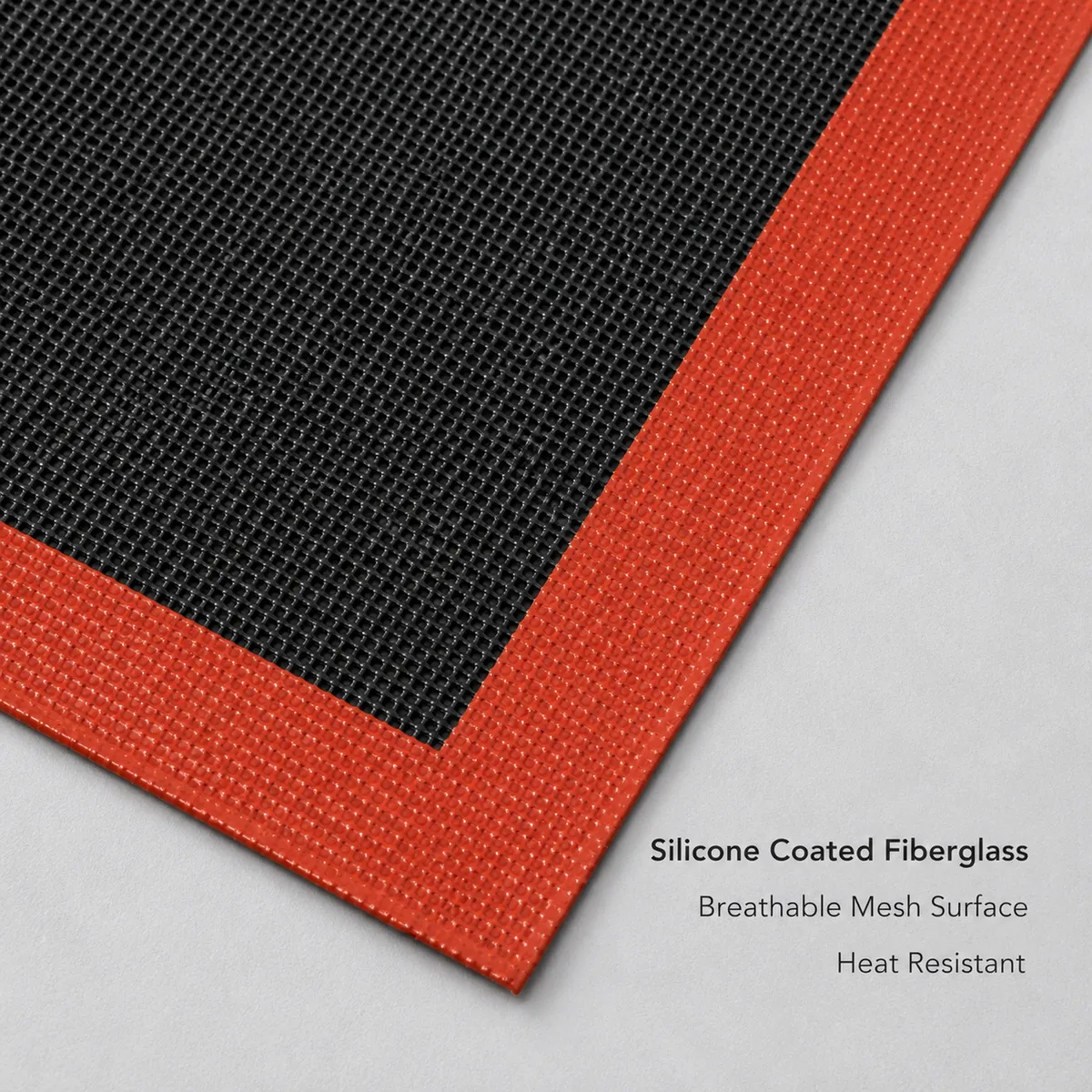 Close-up detail of silicone coated fiberglass mesh baking mat surface and red edge