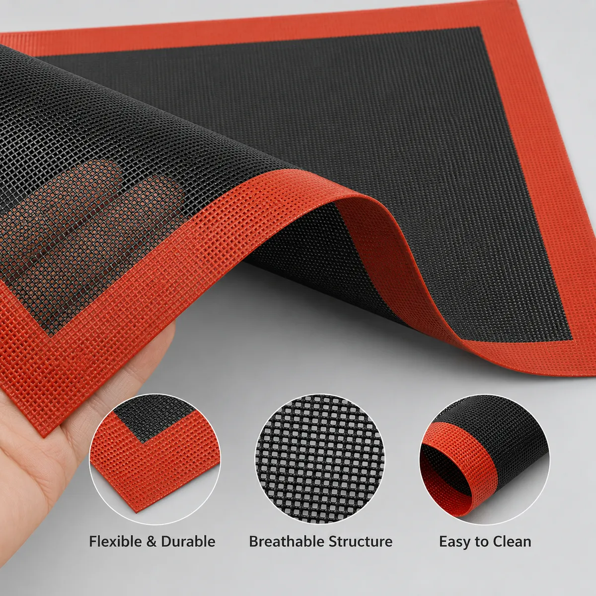 Flexible and durable commercial baking mat with breathable mesh structure