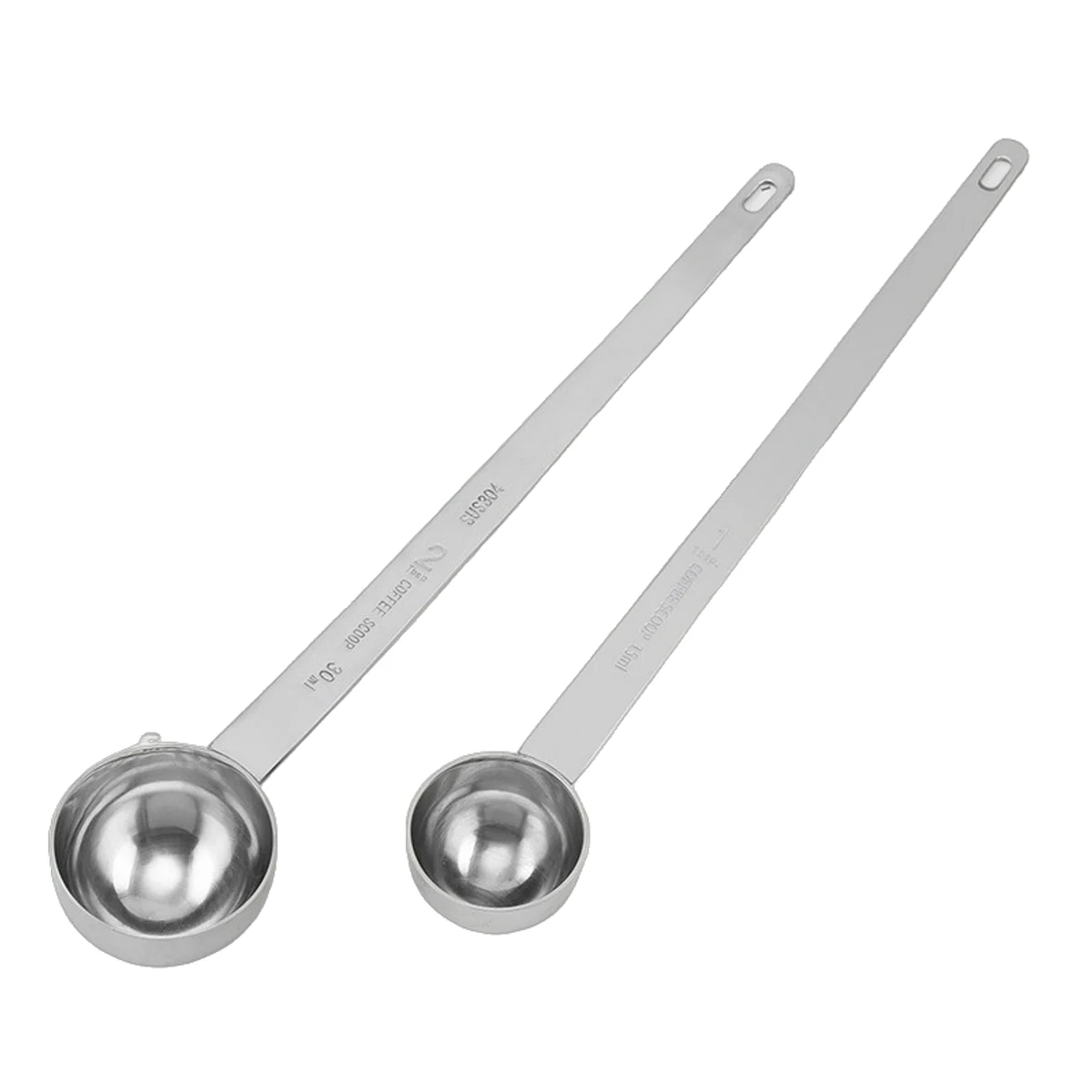 Two deep round stainless scoops showing different bowl diameters