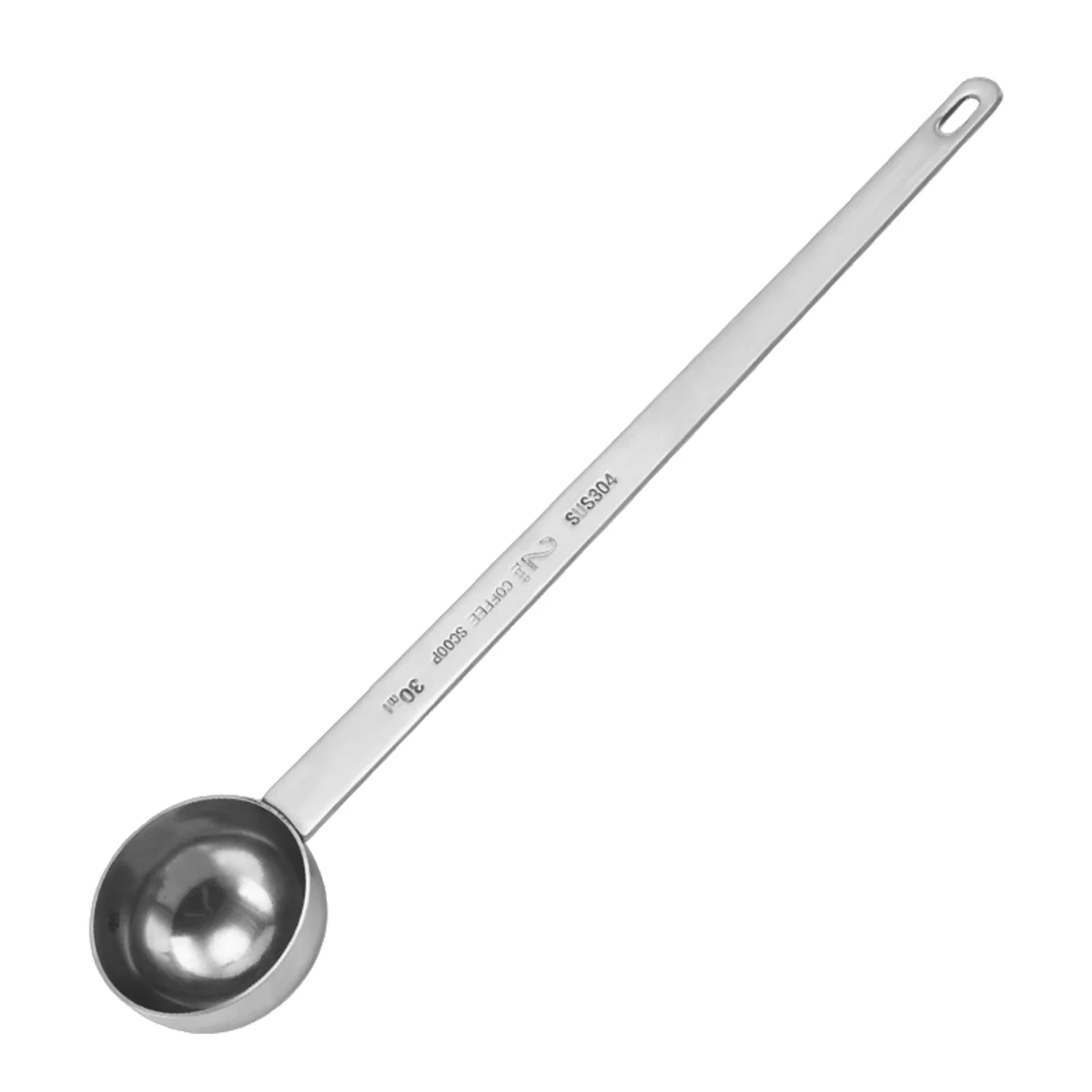 Single deep-bowl stainless steel powder scoop on white