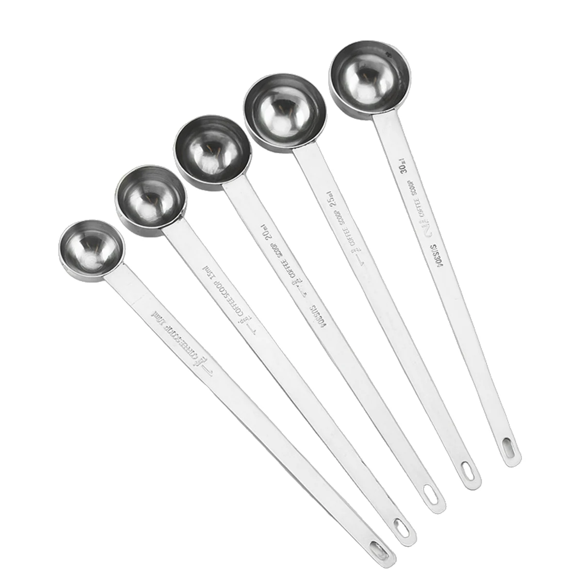 Five deep-bowl 304 stainless powder scoops with long flat handles