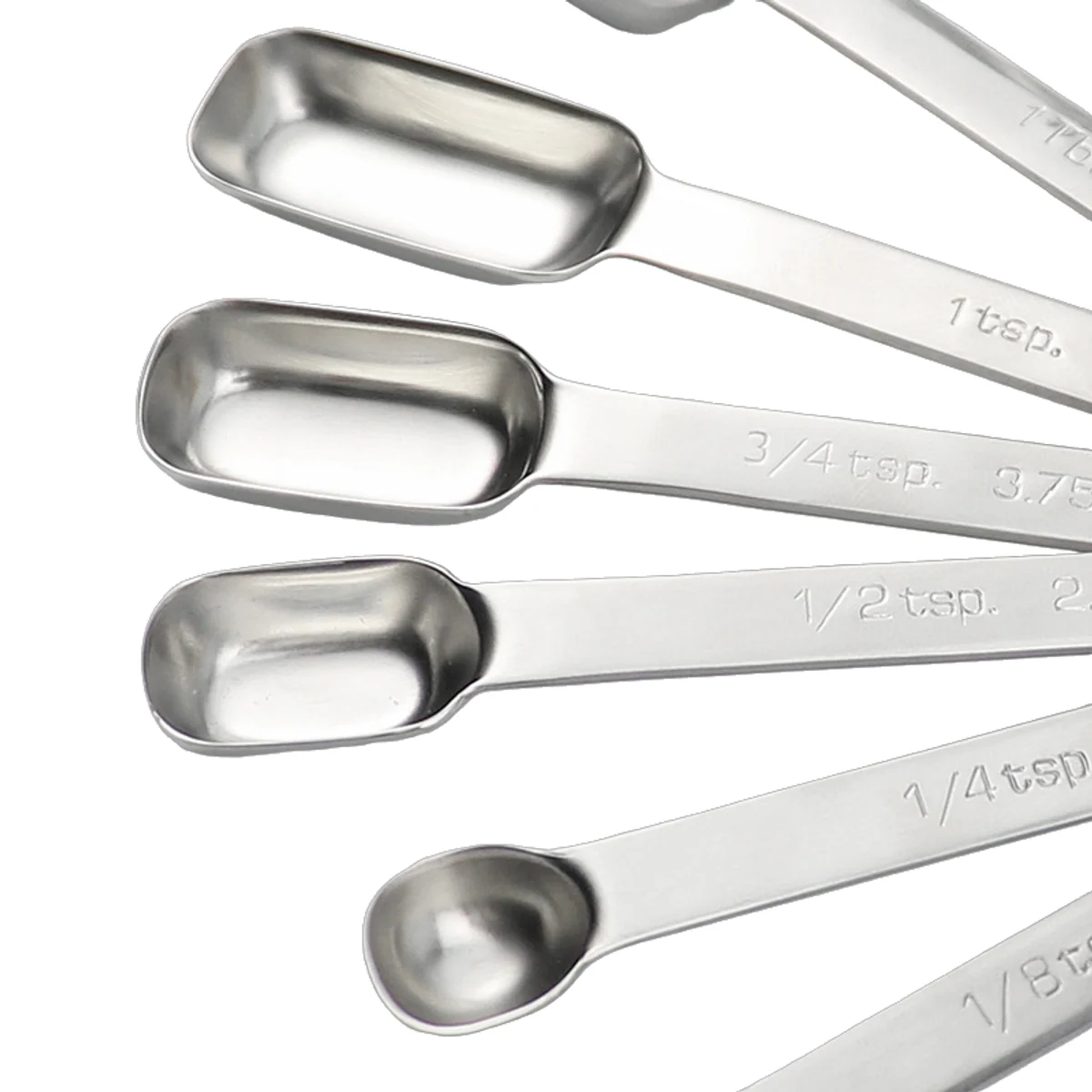 Close view of rectangular stainless scoop bowls and engraved handles