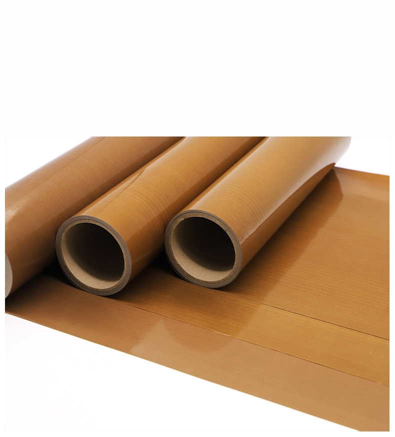 Brown PTFE coated fiberglass rolls showing roll cores and release sheets